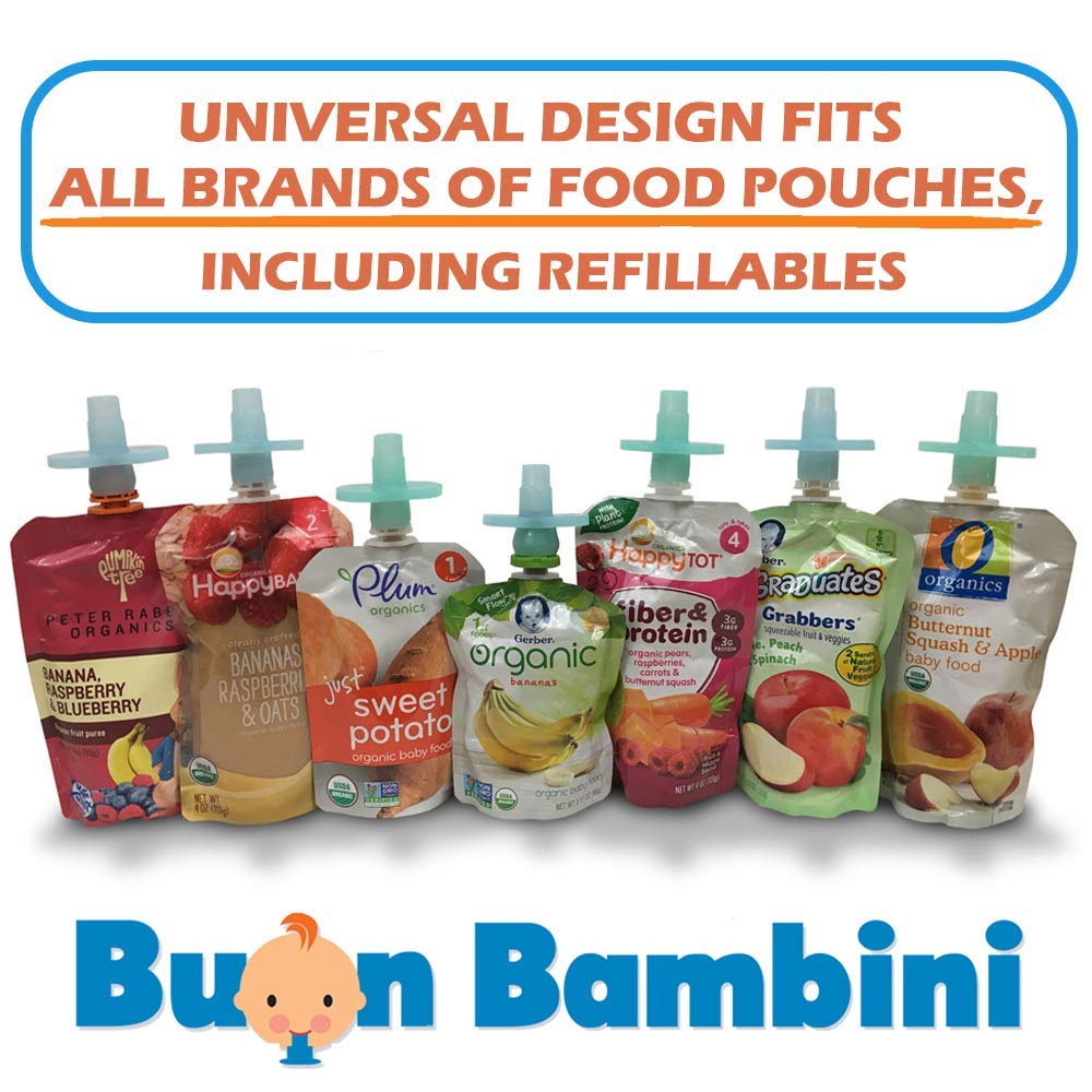 Buon Bambini Soft Sip Baby Food Pouch Toppers With Travel Case, 100% Silicone, Aqua/Blue, 2-Pack