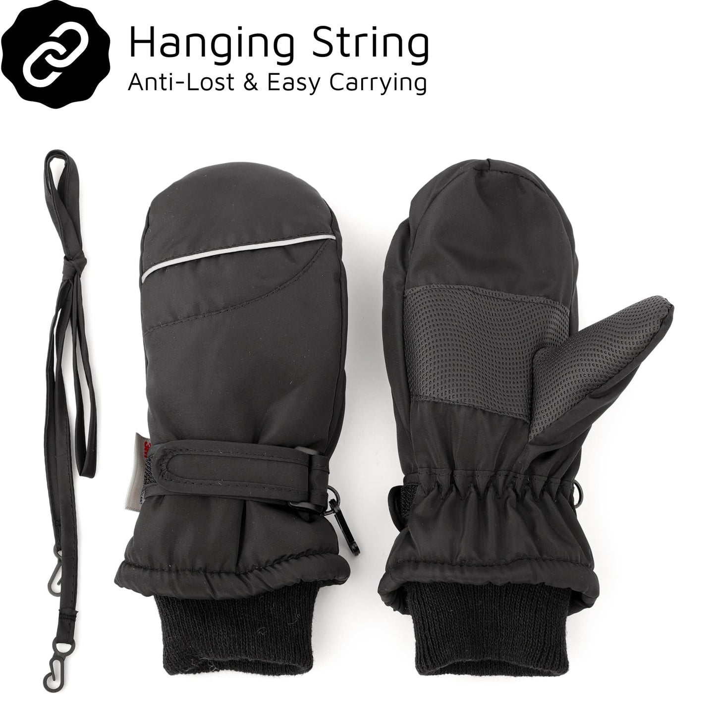 F Flammi Toddler Kids Snow Mittens With String Waterproof Ski Mittens Thinsulate Winter Gloves For Baby Girls Boys(Plain Black,4