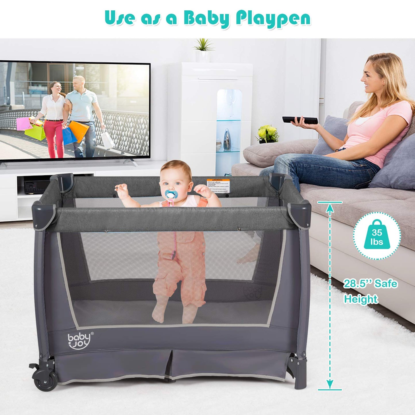 BABY JOY 5 in 1 Pack and Play, Portable Nursery Center Baby Playard w/Bassinet & Diaper Changing Table, Infant Bassinet Activity