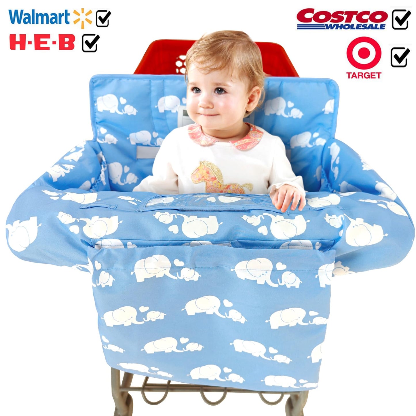 2-In-1 Shopping Cart And High Chair Cover For Baby, Padded Cover, Fold'N Roll Style, Portable With Carry Bag (Pink Elephant)