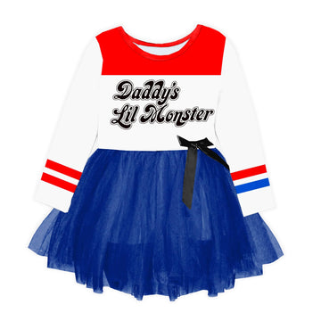 Toddler Red And Blue Lil Monster Dress Halloween Harley Print Party Dress Long Sleeve Tulle Tutu Dresses 1-2T