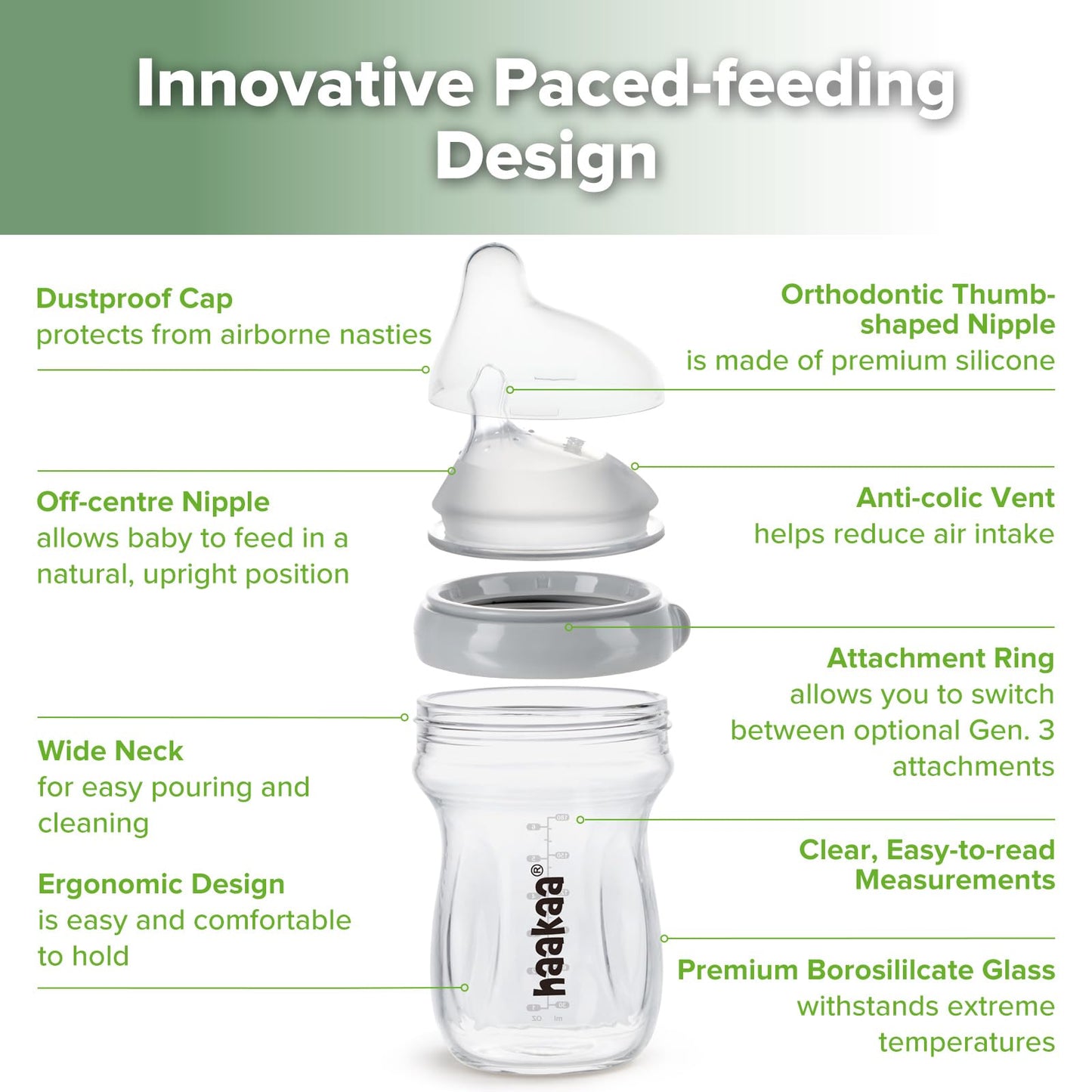 Haakaa Gen.3 Natural Glass Baby Bottle 6.3 Oz.180Ml - Wide Neck, Anti-Colic Varibale Flow Nipple For 6M+ Breastfed Babies, Newbo