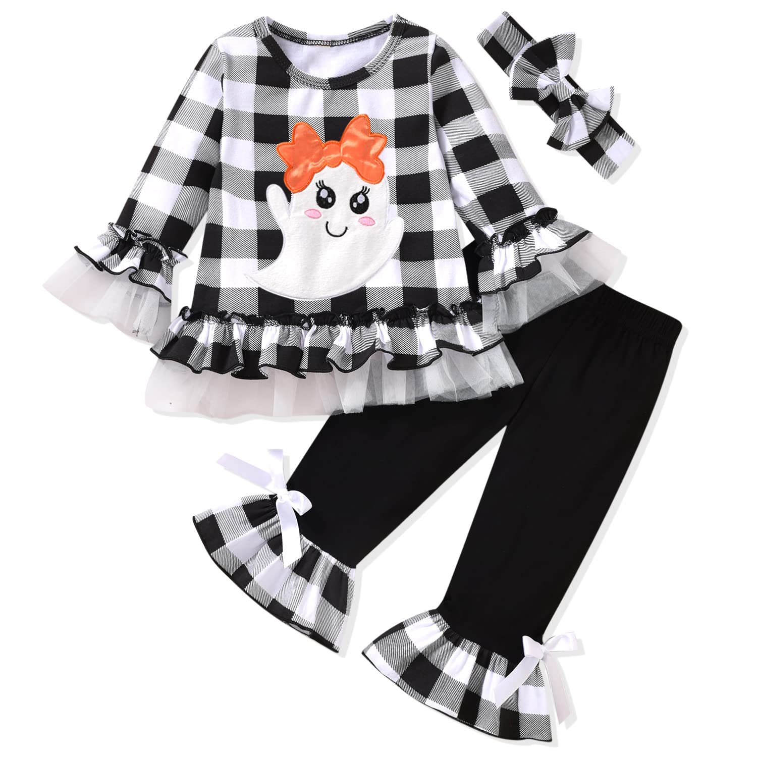 Aalizzwell 2T Toddler Little Girls Halloween Outfit Long Sleeve Ruffle Ghost Tops Buffalo Plaid Bell Bottoms With Headband For F
