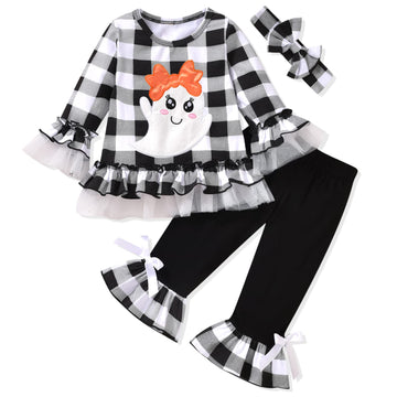 Aalizzwell 2T Toddler Little Girls Halloween Outfit Long Sleeve Ruffle Ghost Tops Buffalo Plaid Bell Bottoms With Headband For F