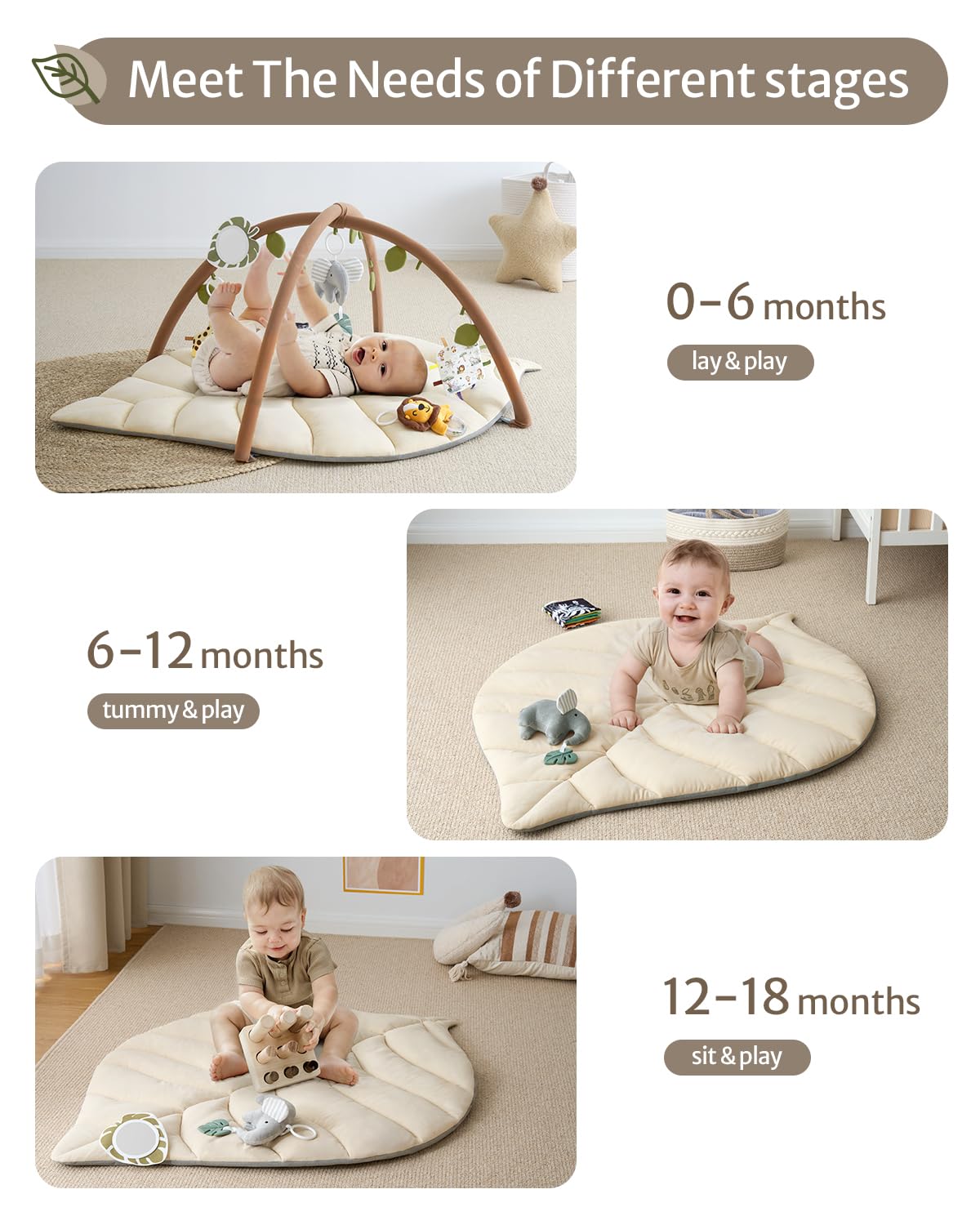 Blissful Diary Baby Play Gym & Activity Mat, Leaf Shaped Baby Play Mat With 6 Detachable Toys, Tummy Time Mat Promote Motor Skil