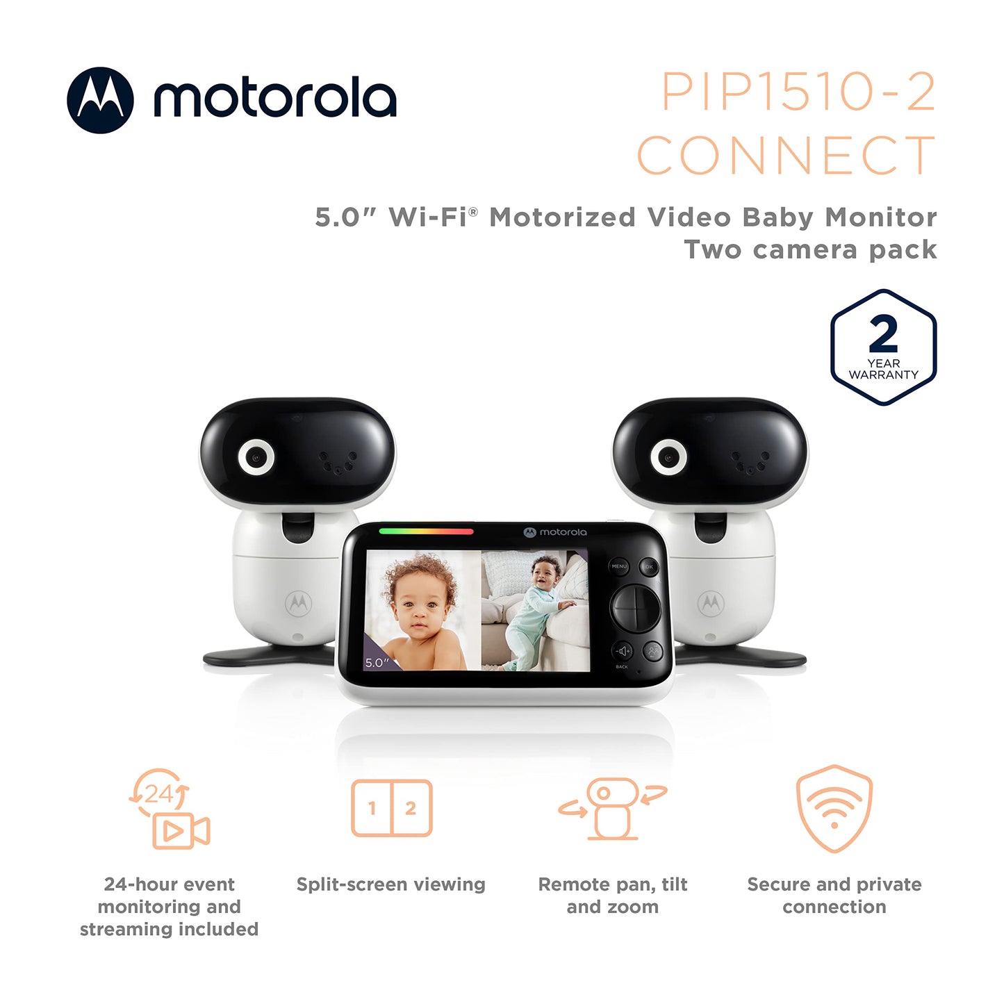 Motorola Nursery Pip1510 2-Camera Video Baby Monitor, 5' Screen, 2-Way Audio, 1000Ft Range, Split Screen Viewing, Remote Pan/Ti