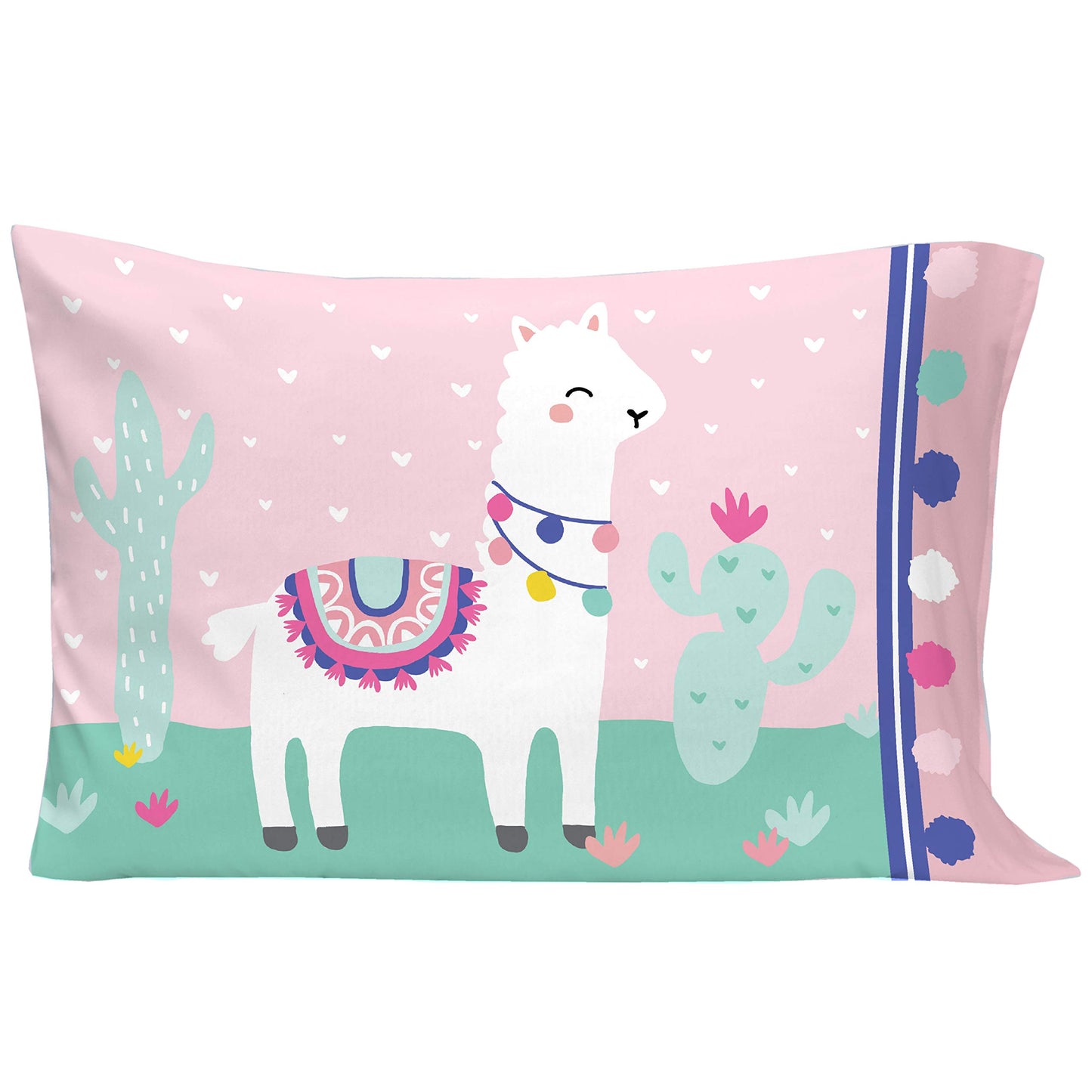 Everything Kids Pink & Mint Llama 4Piece Toddler Bed Set - Comforter, Fitted Bottom Sheet, Flat Top Sheet, Reversible Pillowcase