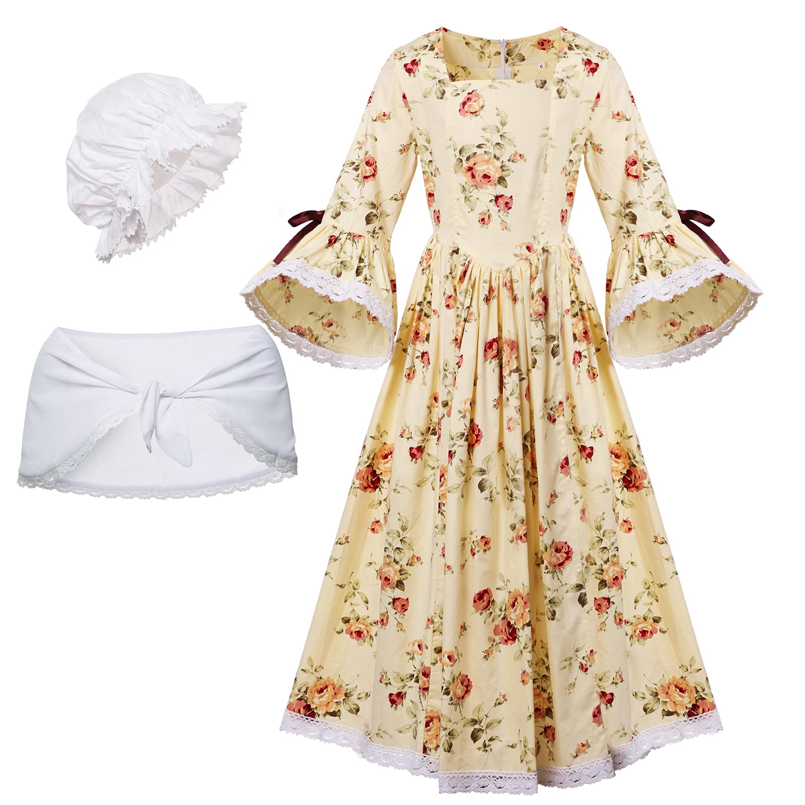 GRACEART Colonial Girls Dress Prairie Pioneer Costume 100% Cotton (Yellow,Size-12)