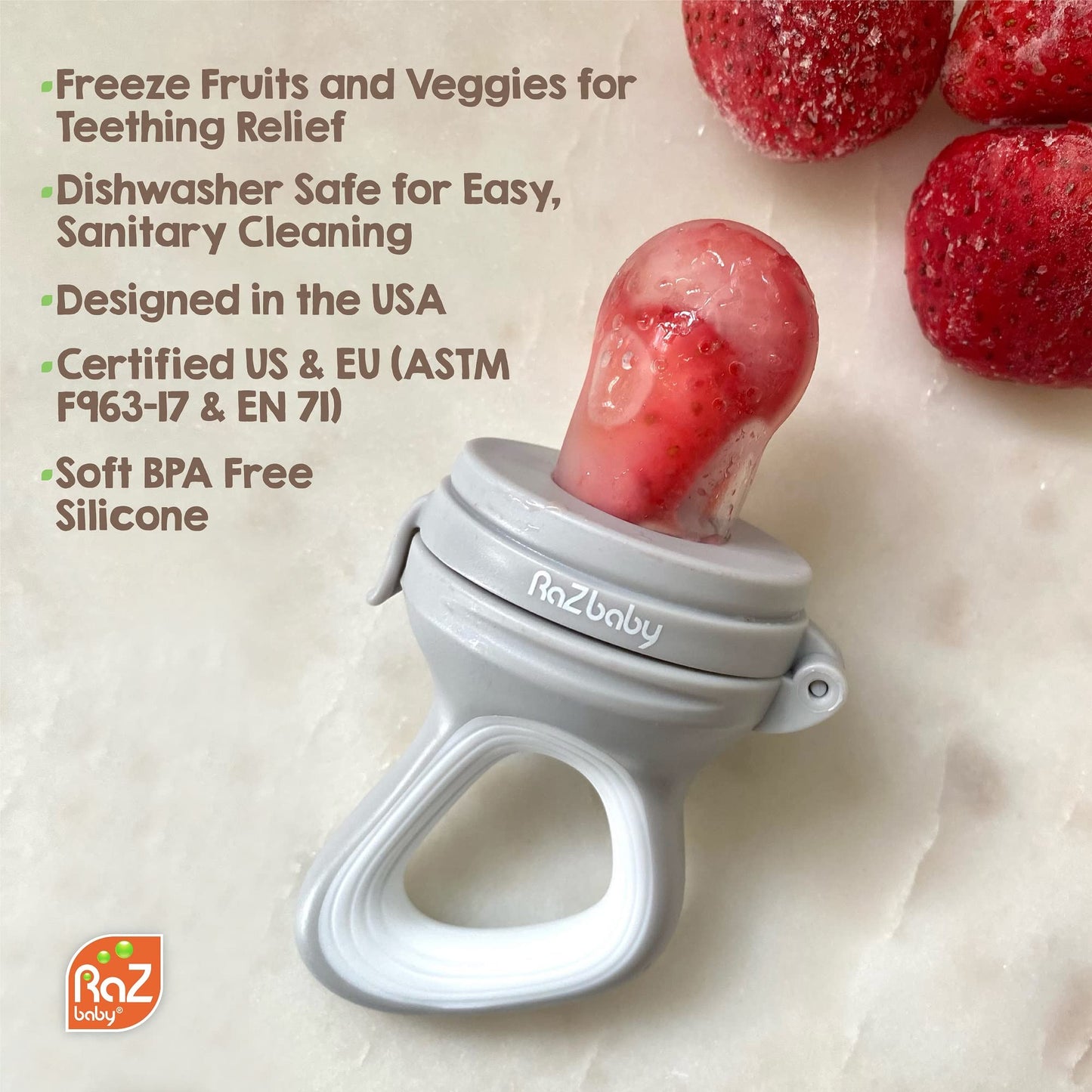 RaZbaby Baby Solids/Frozen Fruit Feeder Pacifier, Infant Teether Toy 6M+, BPA-Free Silicone Pouch & Nipple, Safely Introduce Sol
