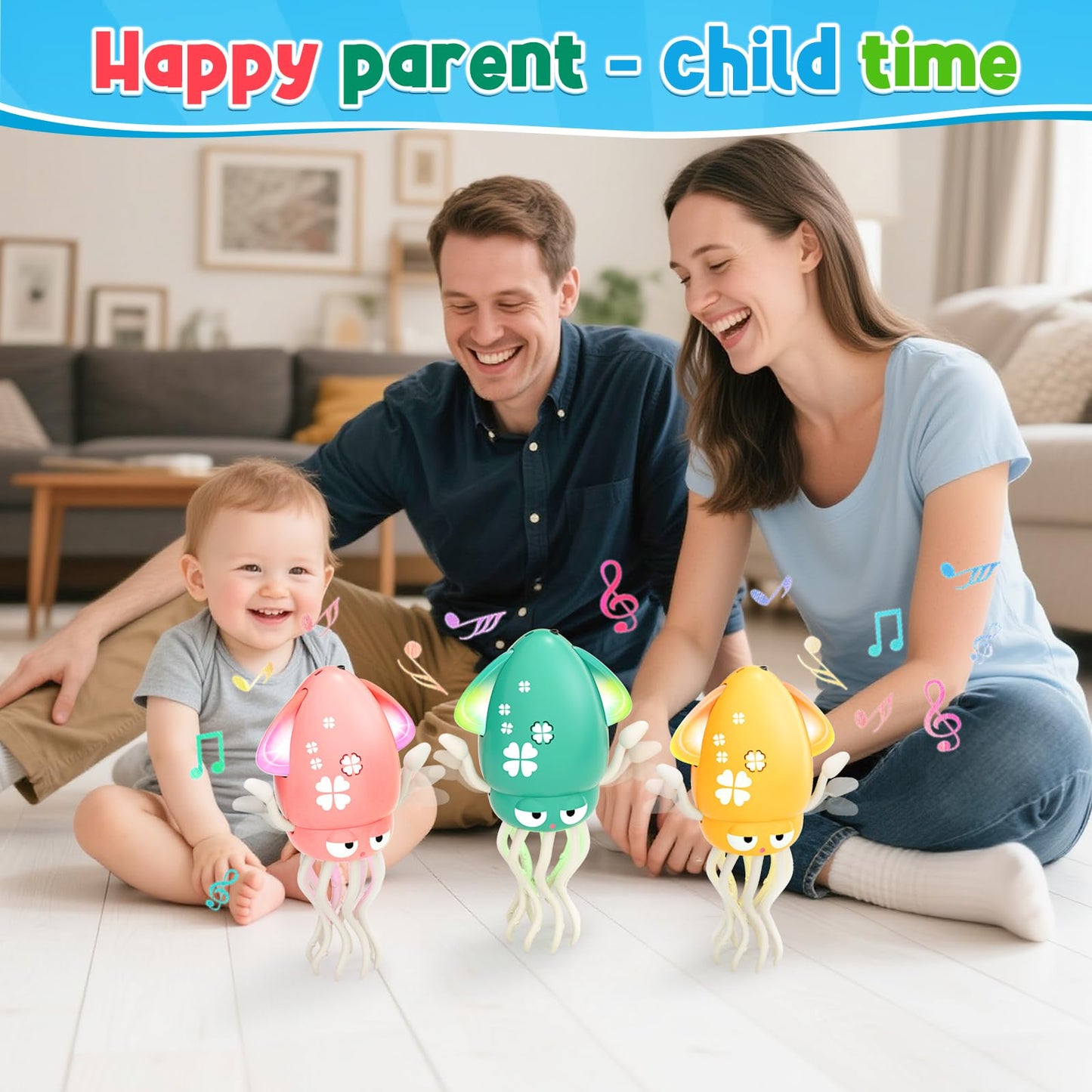 Dancing Squid Baby Toy, Electric Crawling Octopus Tummy Time Toy, Rechargeable Magic Dancing Music Squid Baby Toys for 3 4 5 6 Y