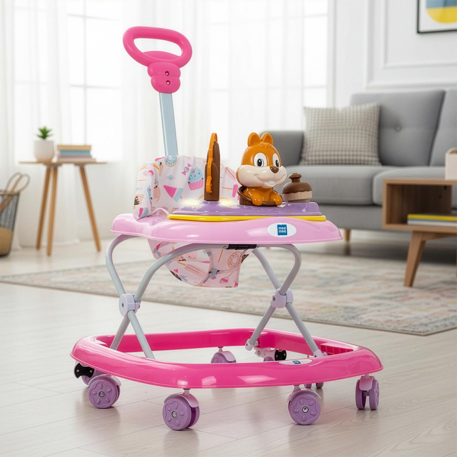 Mee Mee Rabbit Baby Activity Walker With Musical Toy & Feeding Tray | 3 Height Adjustable | Safety Stopper & Lights | Foldable W
