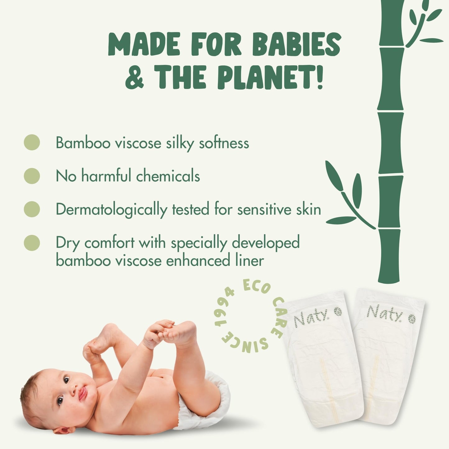 Naty Bamboo Viscose Baby Diapers - Silky Soft, Plant Based, Dermatologically Tested For Sensitive Skin & Super Absorbent (Size 6