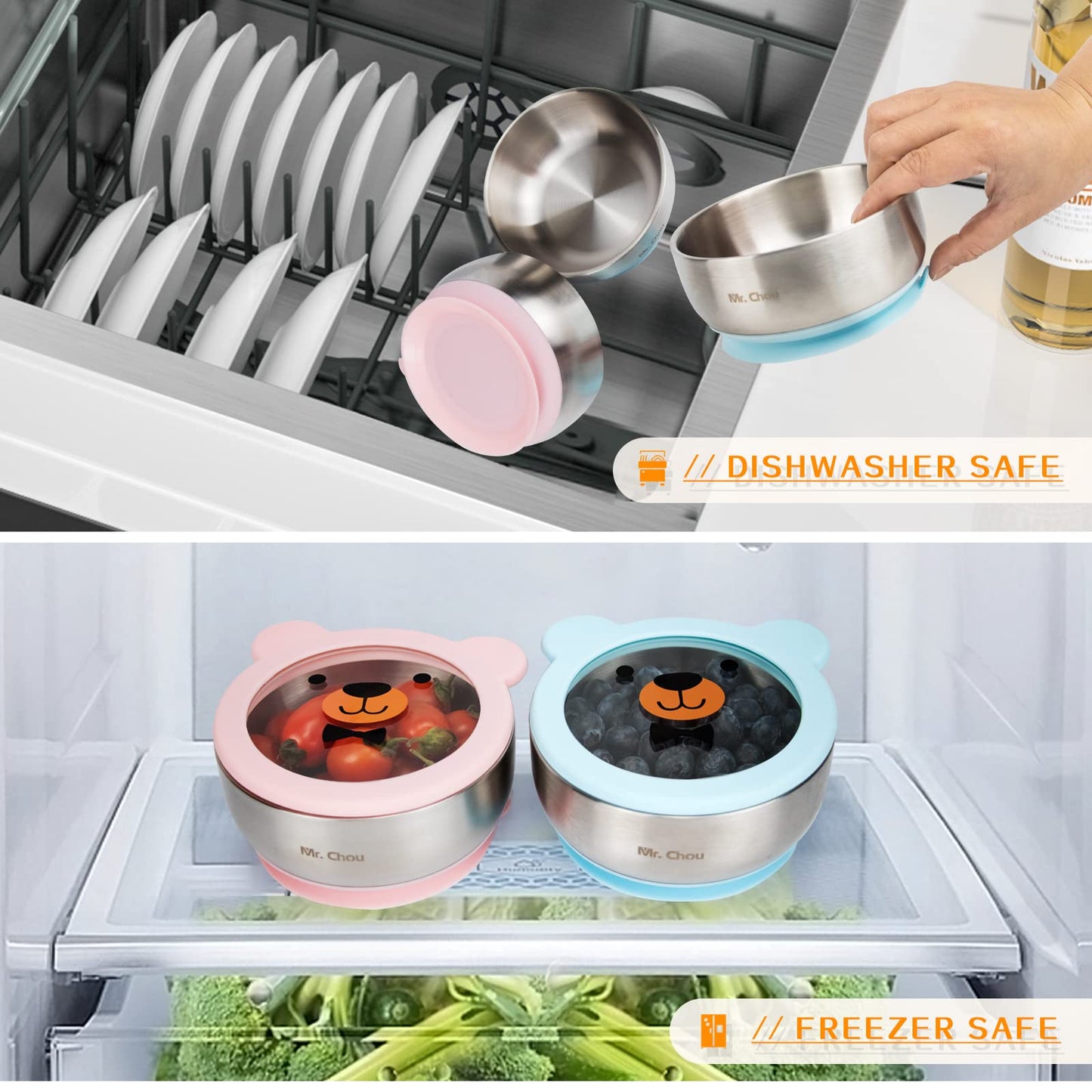 Mr. Chou Food-Grade Stainless Steel Baby Bowls With Leakproof Tempered Glass Lid, First Stage Baby Led Weaning Supplies For Boys