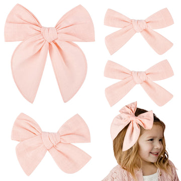 Deeka 4 Pcs Light Pink Cotton Linen Hair Bows 3 Styles 5' & 4' Handmade Hair Bow Set For Toddler Girls Alligator Hair Clips Kn