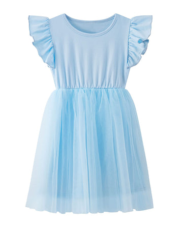 Twkioue Girl Ruffle Sleeve Dress Crewneck Tutu Tulle Fluffy Solid Color Dresses 817 Blue 130