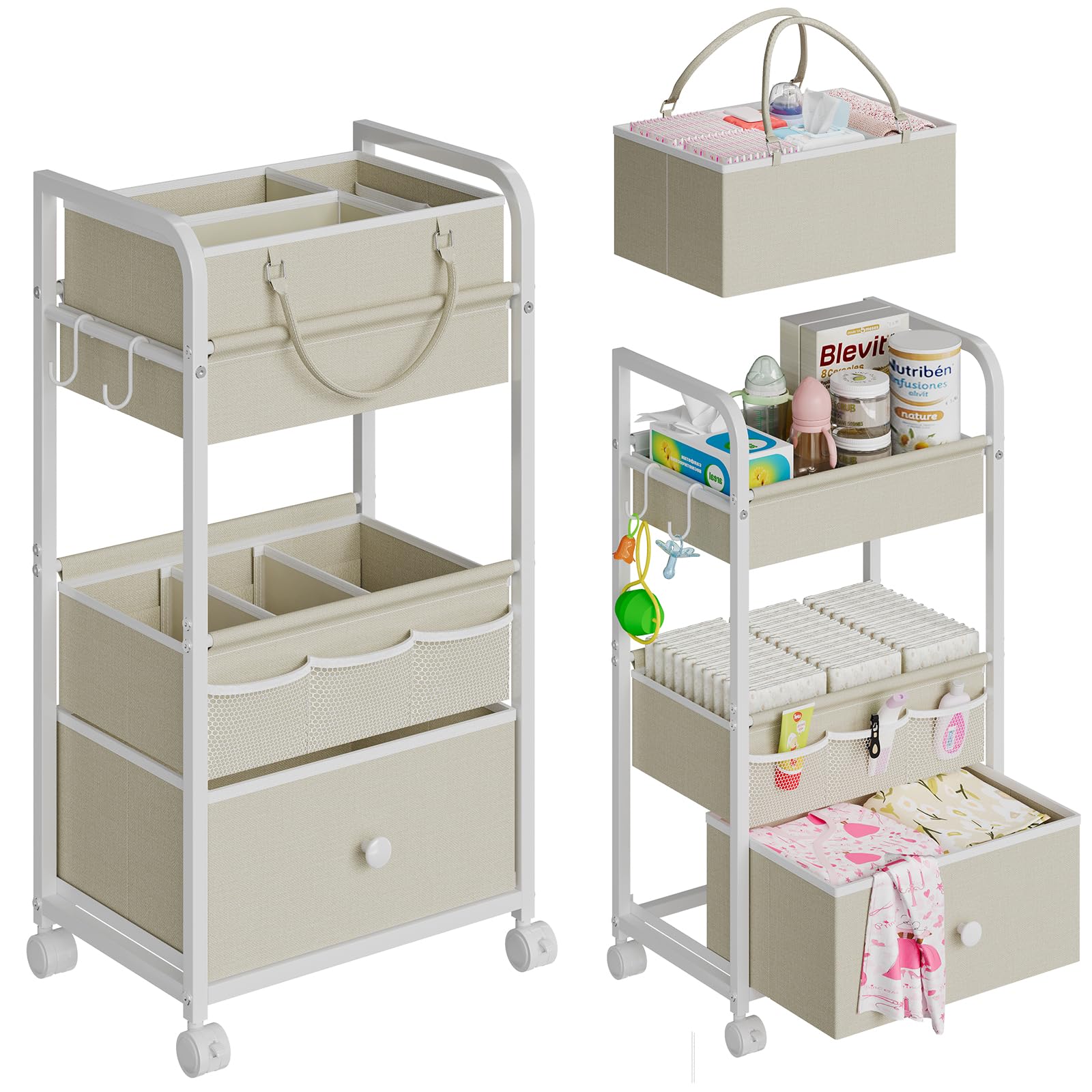 Cidaziya 2In1 Baby Diaper Caddy Organizer and Storage, 3 Tier Rolling Cart with Drawer, Detachable Dividers, Mobile Utility Cart