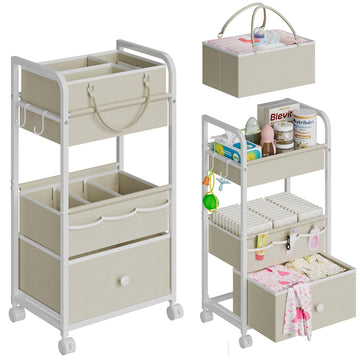 Cidaziya 2In1 Baby Diaper Caddy Organizer and Storage, 3 Tier Rolling Cart with Drawer, Detachable Dividers, Mobile Utility Cart