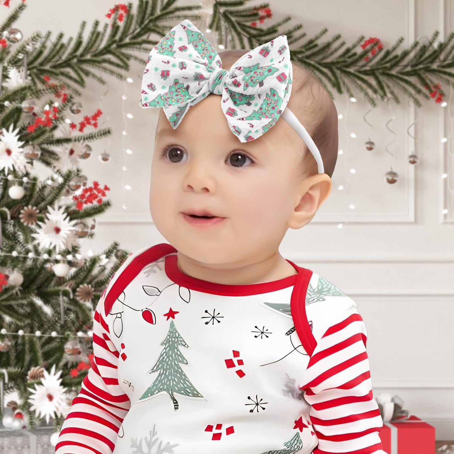 Yanjie Christmas Baby Headbands Newborns Bows Red Green Printed Snowflake Baby Bows Nylon Headband Toddler Infant Hairbands Chee