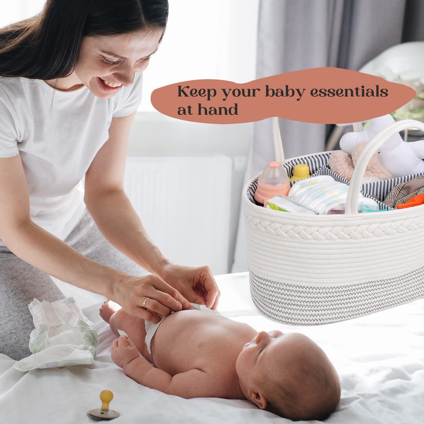 Luxury Little Diaper Caddy Organizer, Extra Large Cotton Rope Nursery Basket, Changing Table Organizer For Baby Diaper Storage,