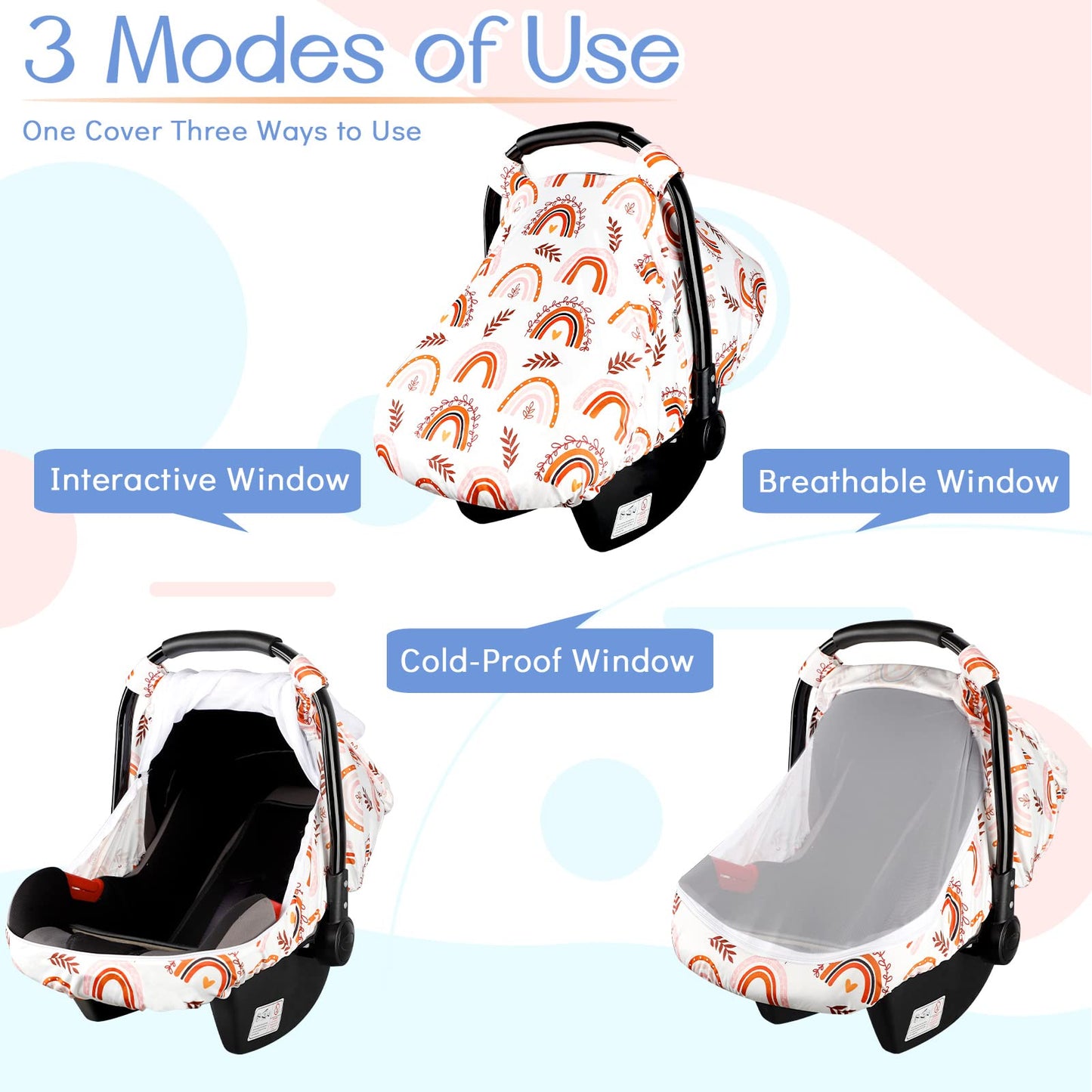 Rainbow Infant Carseat Canopy With Peep Windows And Breathable Mesh, Kick-Proof, Soft Stretchy Baby Car Seat Cover For Newborns