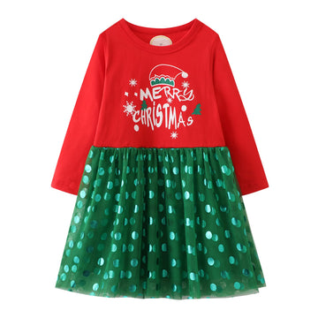 Toddler Girl Christmas Tulle Dress Long Sleeve Cotton Casual Red Green Xmas Party Tunic Shirt Dresses 3T