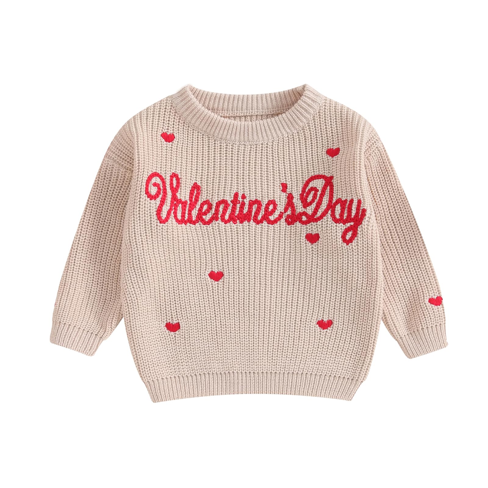 Baby Girl Valentines Day Outfit Love Heart Sweet Long Sleeve Sweater Tshirt Crewneck Tops Fall Winter Clothes (E-Beige, 12-18 Mo