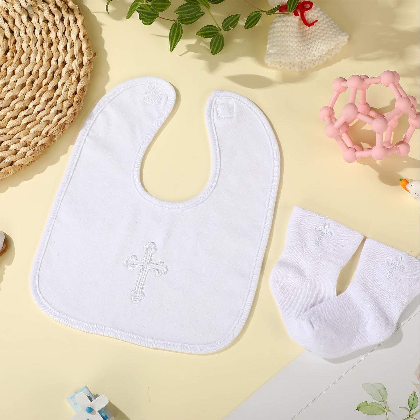 Jiuguva 4 Pcs Baptism Bibs And Socks Set Christening Bib For Baby White Embroidered Cross Baptism Outfit For Boy Girl (6-12Month