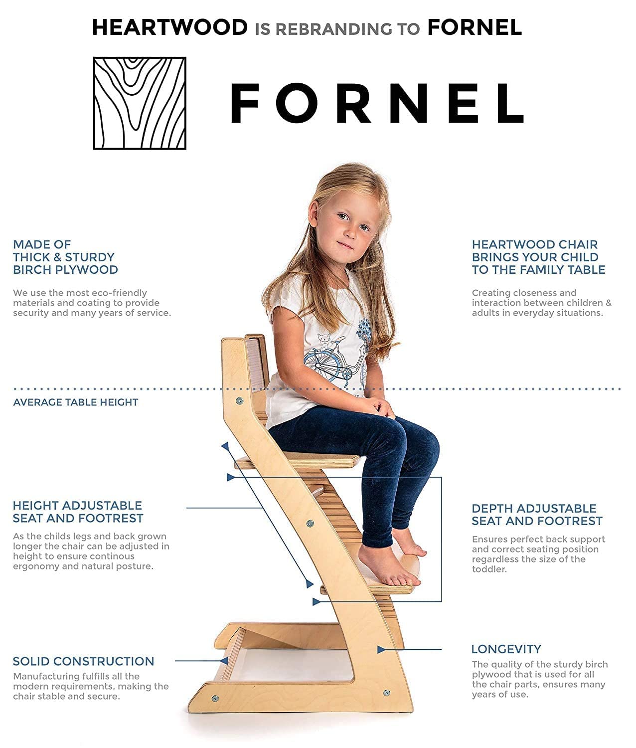 FORNEL Adjustable Wooden High Chair for Babies, Toddlers & Kids | The Grow-with-Me Chair from 6 Months to 200 lbs | Modern, Easy