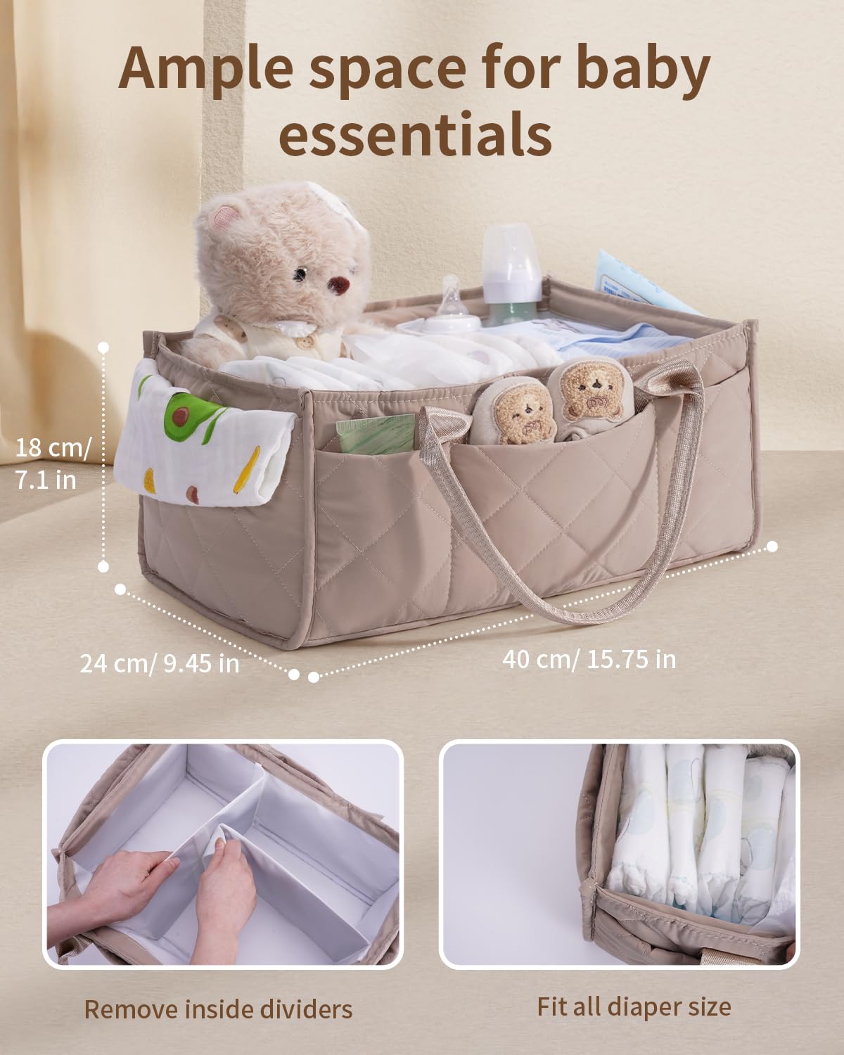 CEI-CEI Baby Diaper Caddy Organizer with Removable Dividers, Large Portable Nursery Storage Basket for Newborn Essentials, Chang