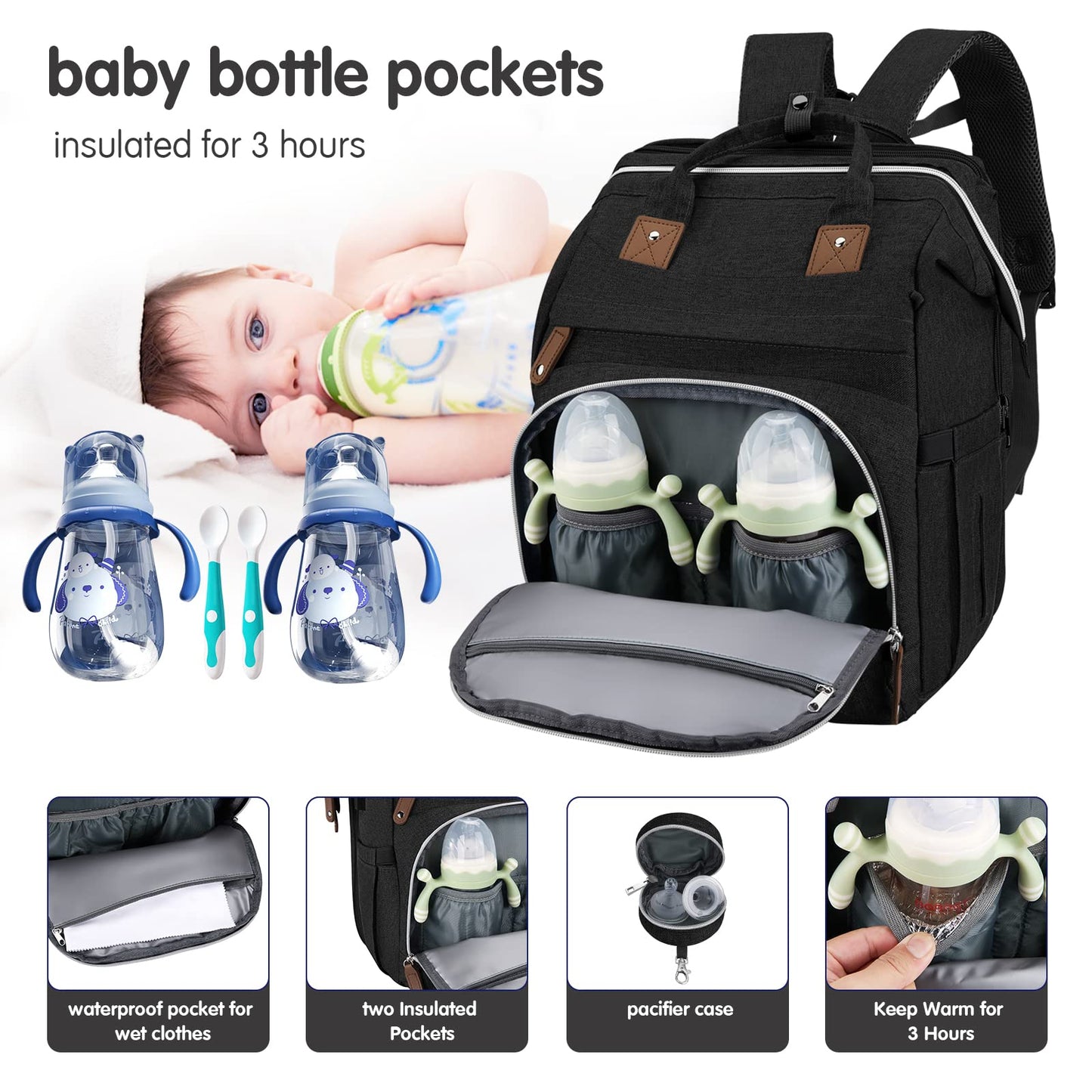 Derjunstar Diaper Bag Backpack Baby Diaper Bags Black