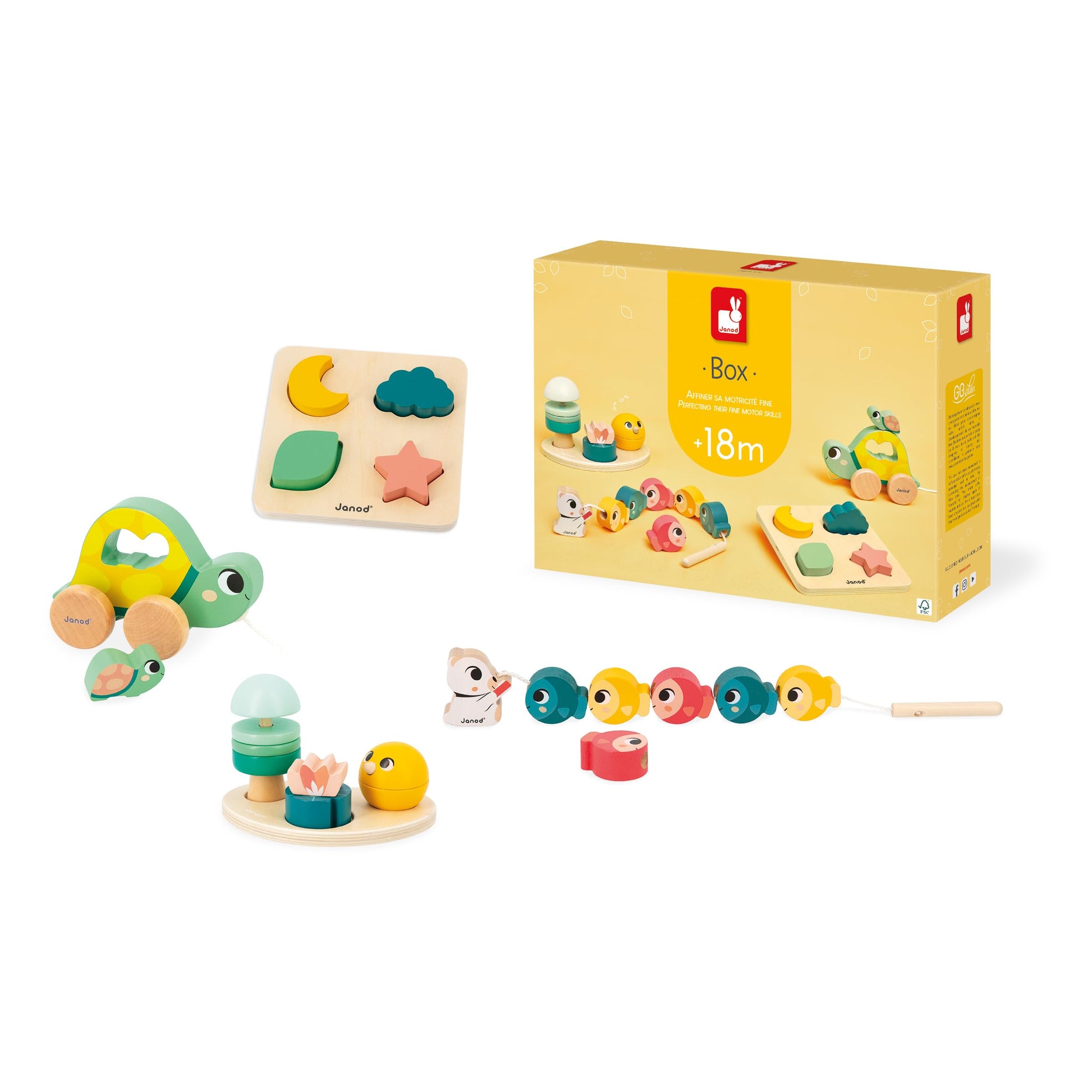 Janod - Baby Play Box - Childrens Toy 18 Months - Stimulus Toys with Wooden Puzzle - Baby Motor Skills - Activity Toys and Psyc