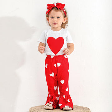 Ninobebe Toddler Girl Valentines Day Outfit Love Heart T-Shirt Bell Bottom Pants Headband 3Pcs Summer Clothes Set 4-5T