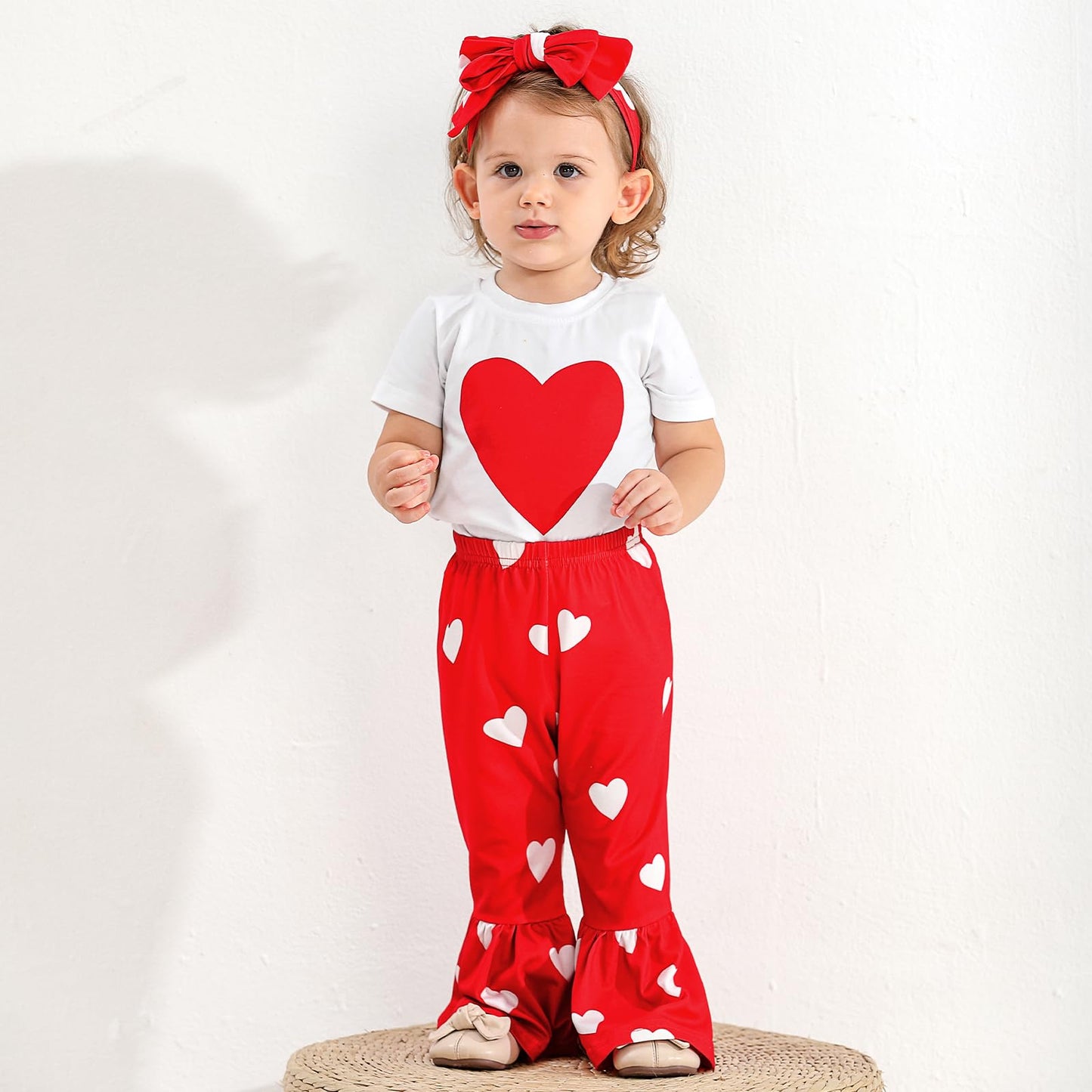 Ninobebe Toddler Girl Valentines Day Outfit Love Heart T-Shirt Bell Bottom Pants Headband 3Pcs Summer Clothes Set 5-6T