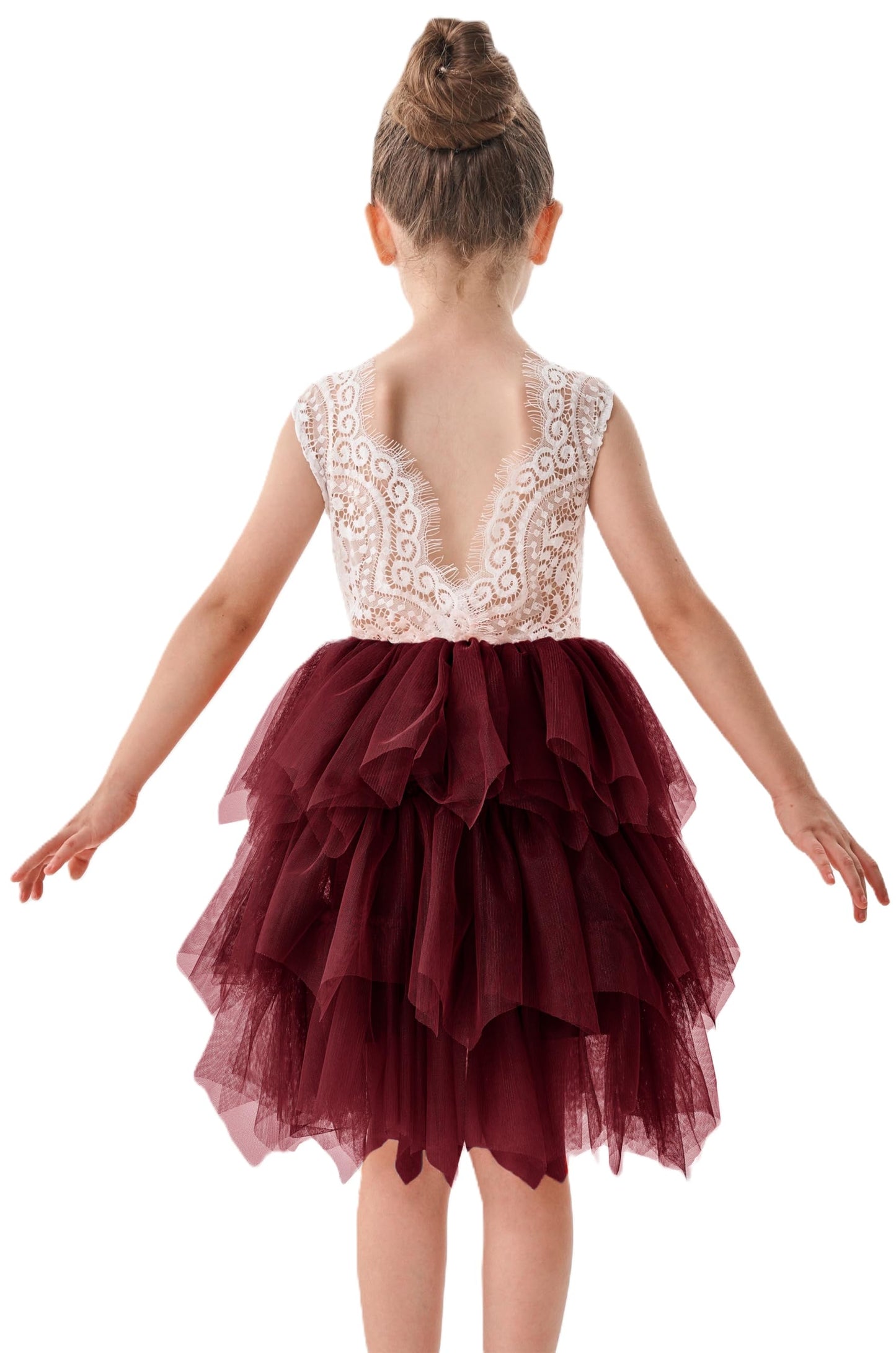 2Bunnies Girl Peony Lace Back A-Line Tiered Tutu Tulle Flower Girl Dress (Burgundy Sleeveless Short, 7-8Yrs)