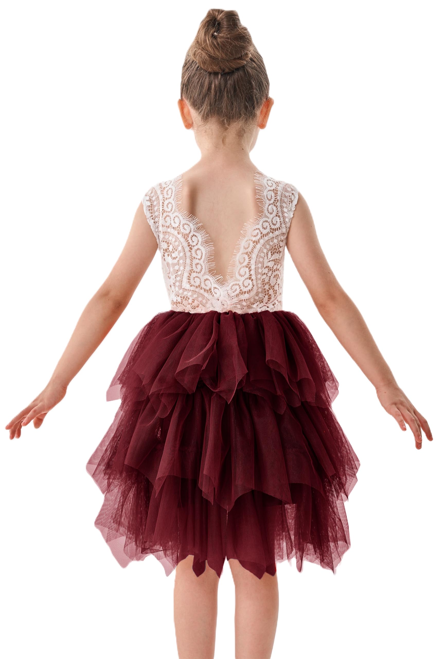 2Bunnies Girl Peony Lace Back A-Line Tiered Tutu Tulle Flower Girl Dress (Burgundy Sleeveless Short, 7-8Yrs)