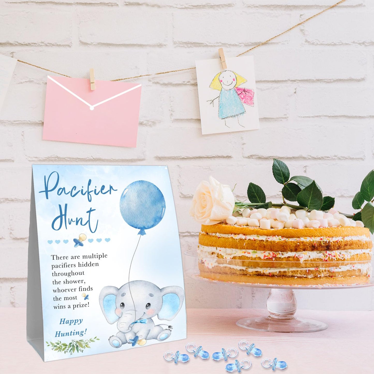 Guawubiang 51Pcs Cute Elephant Decor Baby Shower Games, Include Baby Pacifier Hunt Sign And 50 Blue Mini Pacifiers, Mini Pacifie