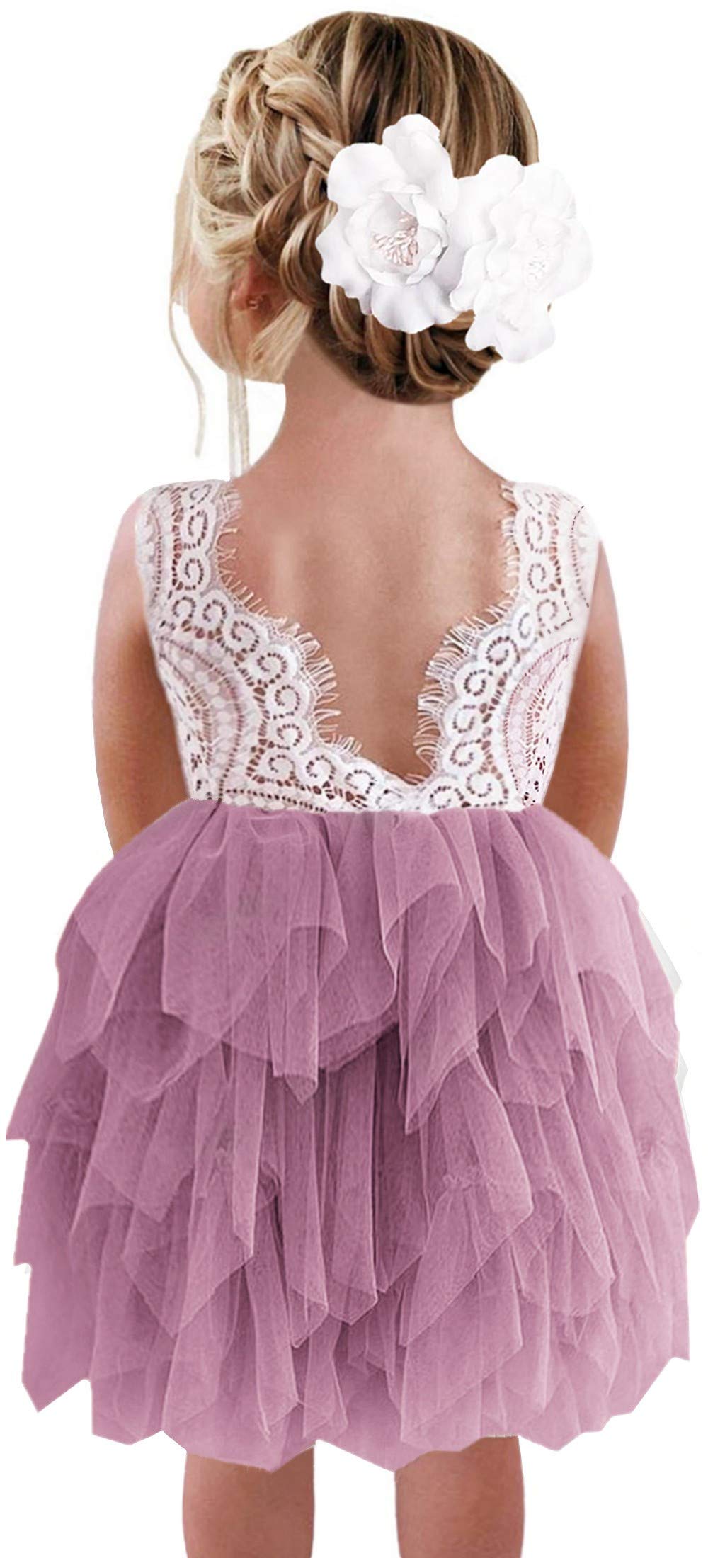 2Bunnies Girl Peony Lace Back A-Line Tiered Tutu Tulle Flower Girl Dress (Mauve Sleeveless Short, 6)