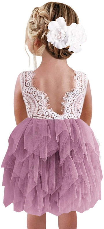 2Bunnies Girl Peony Lace Back A-Line Tiered Tutu Tulle Flower Girl Dress (Mauve Sleeveless Short, 6)