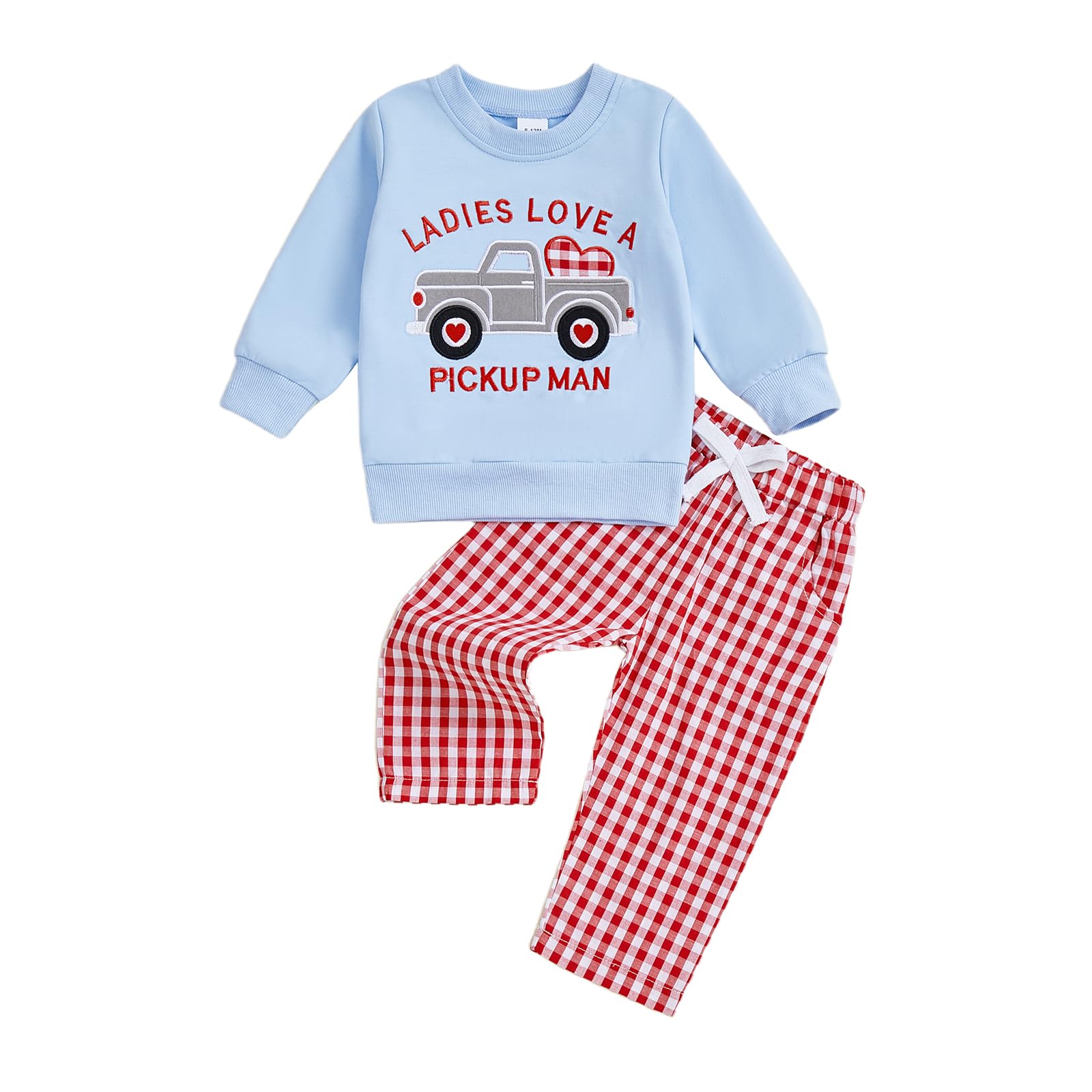 Santikisler Little Toddler Boy Valentines Day Outfit Heart Letter Truck Long Sleeve Shirt Plaid Panta 2PCs Set Clothes (Blue, 18
