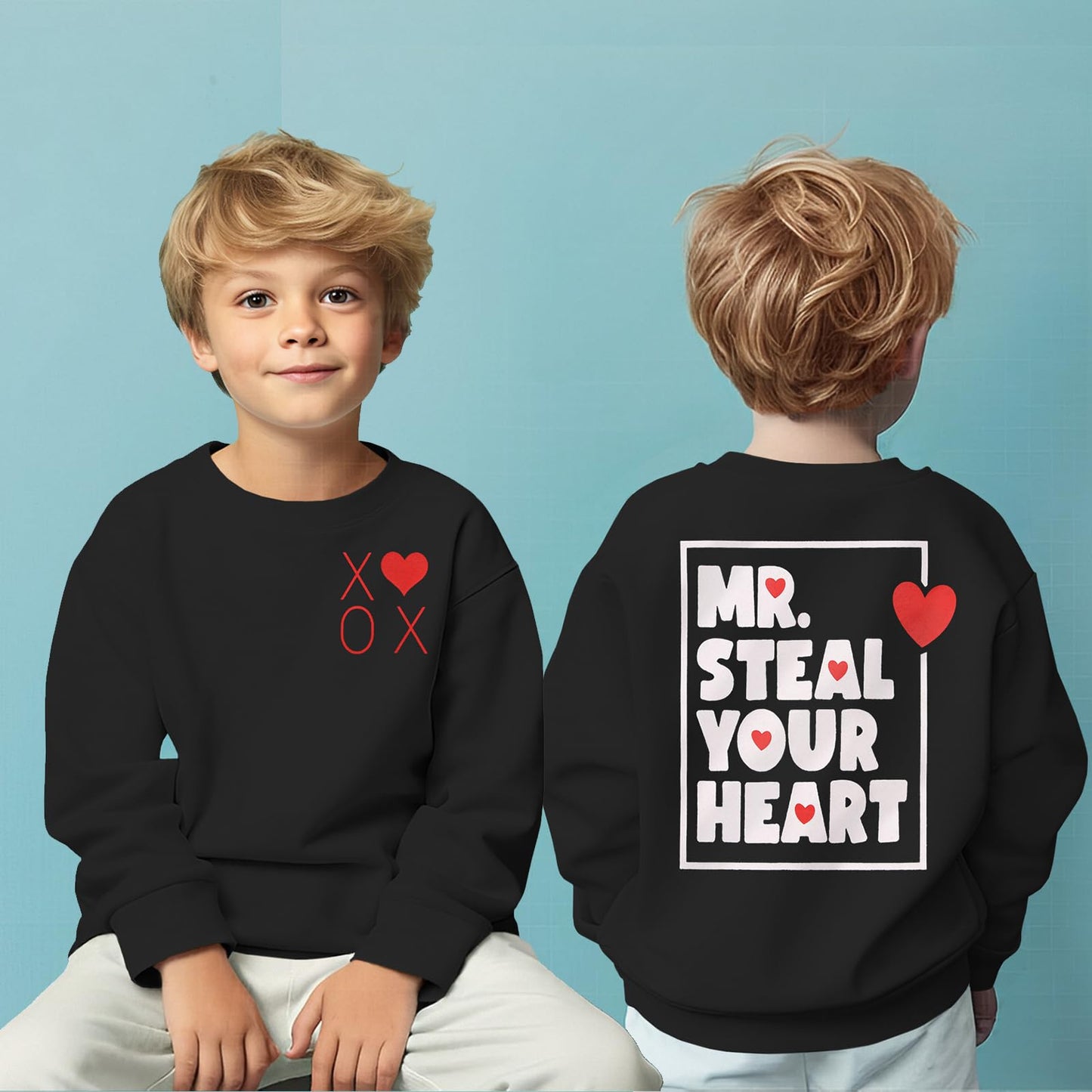 Modntoga Toddler Baby Boy Valentines Day Sweatshirt Mr Steal Your Heart Graphic Shirt Long Sleeve Funny Letter Pullover Tops (Bl