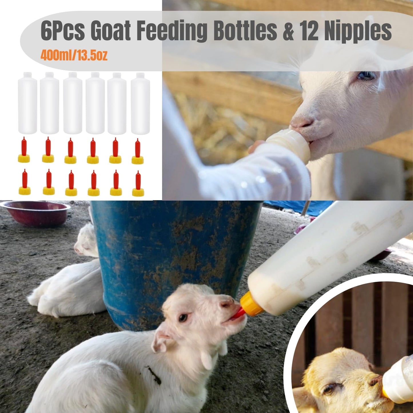 6Pcs Goat Feeding Bottles 400 Ml/13.5 Oz And 12 Nipples, Lamb And Kid Bottle, Livestock Baby Bottle For Sheep,Lamb,Calf And Othe