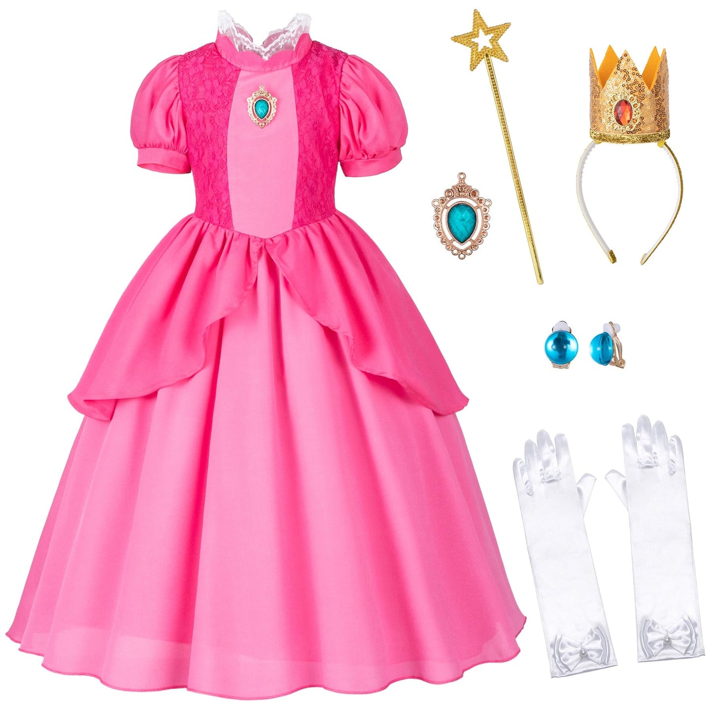 Pink Princess Dress For Girls, Kids Princess Costume With Crown Gloves Wand Earrings 8-9 Years
