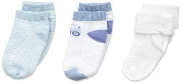 Country Kids Boys' Newborn Digger Truck Socks 3 Pairs, Baby Blue/White, 3-12 Months