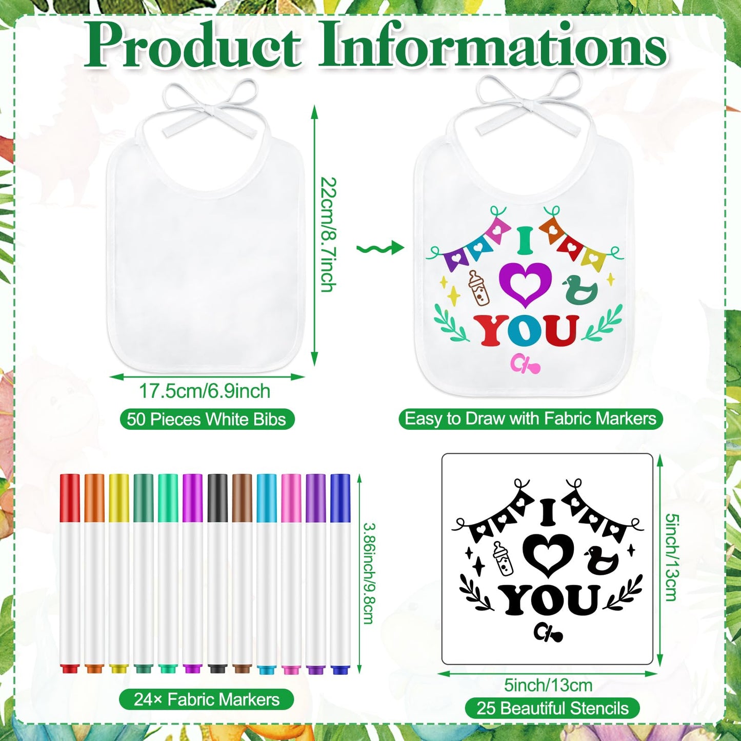 Panitay 100 Pcs Diy Baby Bibs Decorating Kit 50 White Bibs 25 Stencils 24 Fabric Markers 1 Baby Shower Game Sign(Dinosaur)