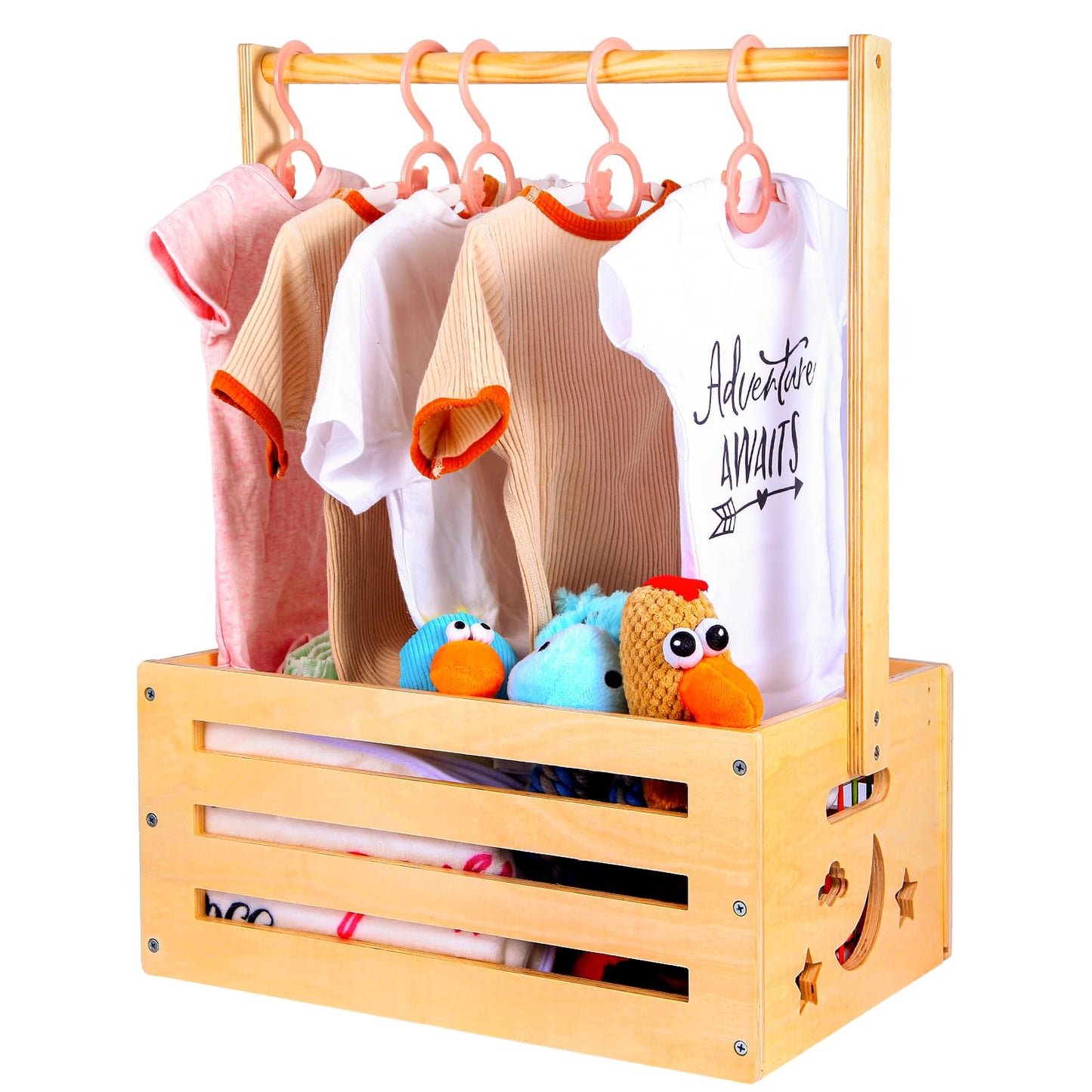 JOLYKAKI Wooden Baby Crate Closet, Shower Gifts Basket for Boys & Girls, Storage Crate Hamper with Handle