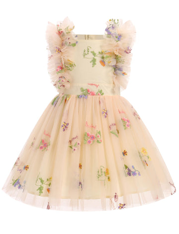 Ibtom Castle Flower Girl Dress Toddler Baby Girls Birthday Party Floral Embroidered Tulle Dress Wedding Pageant Dress Easter Boh