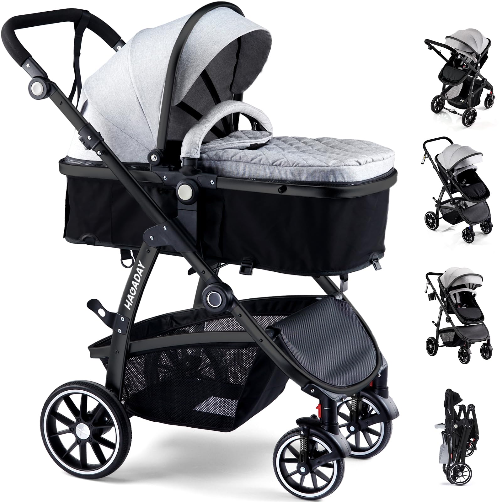 Baby Stroller, 2-in-1 Reversible ToddlerSeat with Lie-Flat Mode, Foldable Infant Stroller with Canopy, One Button Brake, Adjusta