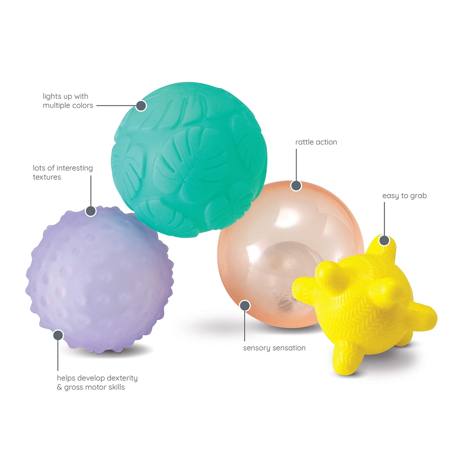 Infantino Activity Ball Set Music & Lights - 4 Colorful, Bouncy, & Multi-Textured Balls for Fine Motor Development for Little Ha