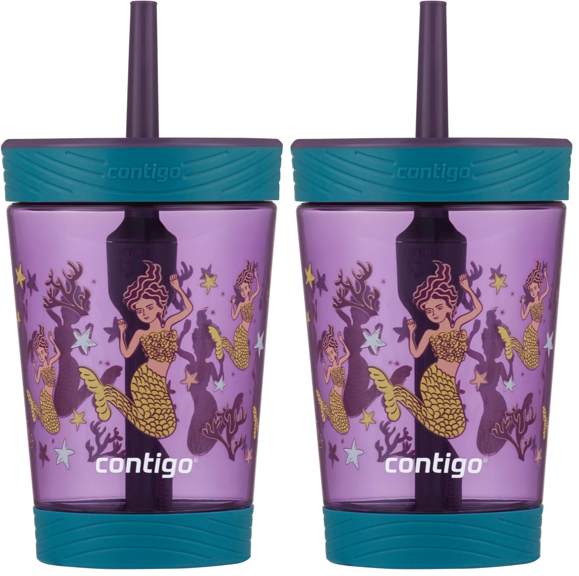 Contigo Kids Spill-Proof Tumbler with Straw, 14oz., Eggplant with Mermaid (Pack of 2)