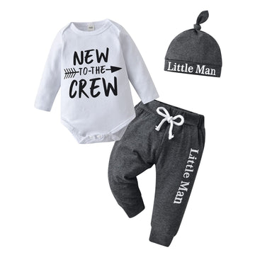Kukitty Newborn Infant Baby Boy Clothes Long Sleeve New To The Crew Romper + Pants + Hat 3Pcs Outfits Set (0-3 Months) Grey